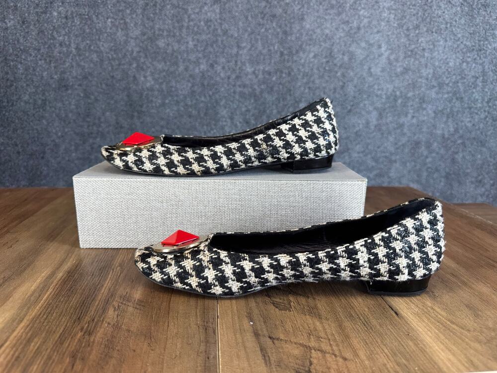 Kate Spade New York Lana Houndstooth Ballet Flats Red Gold Medallion SZ 9